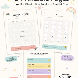Puede incluir: Tres páginas imprimibles para el entrenamiento de ir al baño que incluyen un gráfico semanal titulado My Potty Time, un rastreador de 20 estrellas titulado I Did It y una página de recompensas titulada My Potty Rewards con colores pastel y un rollo de papel higiénico.