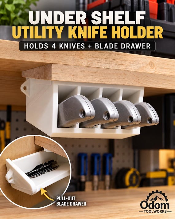 Under Shelf Utility Knife Holder with Blade Drawer | 5 Slot Box Cutter Organizer