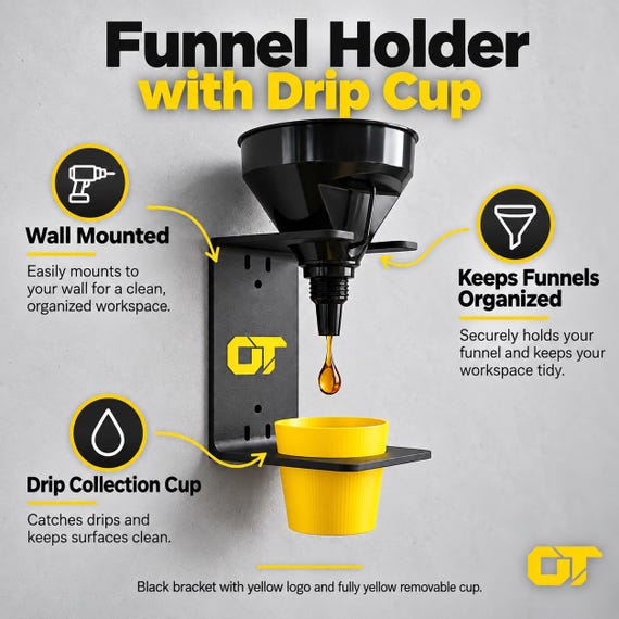 Wall Mount Funnel Holder with Drip Cup | Oil Funnel Storage Organizer