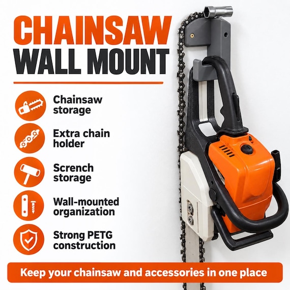 Chainsaw Wall Mount Holder | Chainsaw Organizer with Chain & Scrench Storage