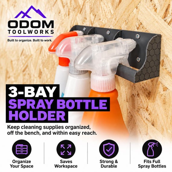 3-Bay Spray Bottle Holder | Wall Mount Cleaning Supply Organizer | Garage Workshop Bottle Storage