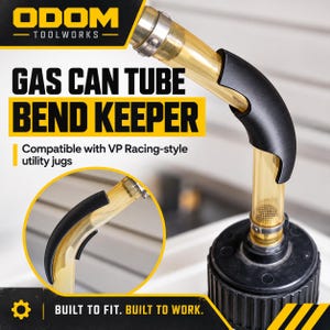 May include: A black plastic gas can tube bend keeper for VP Racing-style utility jugs. The device features a curved design to hold a clear, flexible hose in a bent position. Text on the image reads ODOM TOOLWORKS GAS CAN TUBE BEND KEEPER.