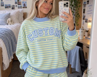Custom Gingham Applique Mock Neck Striped Sweatshirt&Shorts Set, Personalized Sorority College Game Day Apparel, Back To School Gift for Her