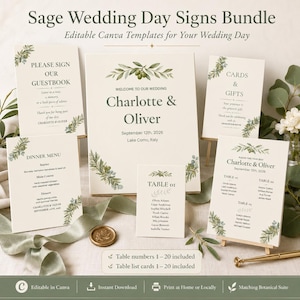 Pacote de Sinalização para Casamento Sage | Placa de boas-vindas, mapa de assentos, cardápio e números de mesa editáveis ​​no Canva