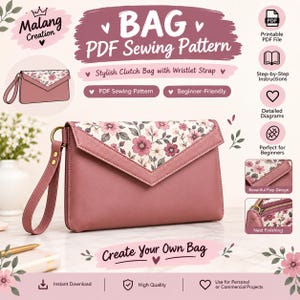 Peut inclure: Un patron de couture PDF pour une pochette avec dragonne. Le sac présente un corps principal rose poudré et un rabat à motif floral avec des fleurs roses et blanches. Le design inclut une attache en métal doré pour la dragonne.