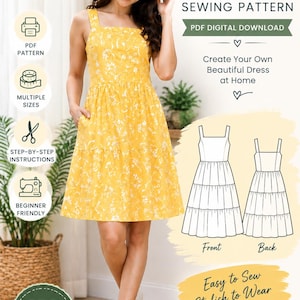 Puede incluir: Un vestido de verano amarillo con estampado floral blanco, con escote cuadrado, tirantes anchos y falda escalonada. La imagen incluye el texto: Women's Sundress Sewing Pattern, PDF Digital Download, Create Your Own Beautiful Dress at Home, Front, Back, Easy to Sew, Stylish to Wear, PDF Pattern, Multiple Sizes, Step-by-Step Instructions, Beginner Friendly, PDF Download.