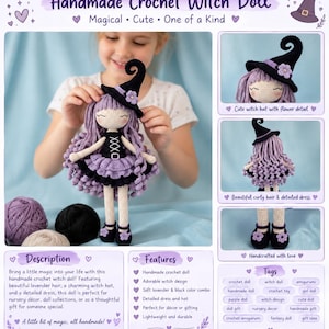 Puede incluir: Una muñeca bruja de ganchillo hecha a mano con pelo de lana color lavanda, que lleva un sombrero puntiagudo negro con una pequeña flor, un vestido negro y lavanda con falda de volantes y zapatos negros con detalles de flores bordadas.