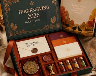 May include: A dark green keepsake box labeled Thanksgiving 2026 Open in 2027 containing a cream envelope with a wax seal reading Do Not Open until 2027, a stack of cards, a bronze QR coin, a turkey wax stamp, and four small glass vials with leaves.