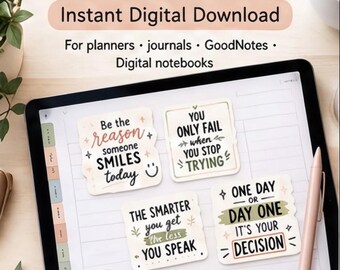 May include: A digital display showing 16 motivational stickers with text including Be the reason someone smiles today, You only fail when you stop trying, The smarter you get the less you speak, and One day or day one it's your decision.