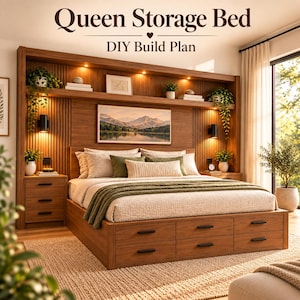 May include: A Queen Storage Bed DIY Build Plan featuring a wooden bed frame with six integrated storage drawers, a headboard with built-in shelving, integrated lighting, and side nightstands. The text Queen Storage Bed DIY Build Plan is visible.