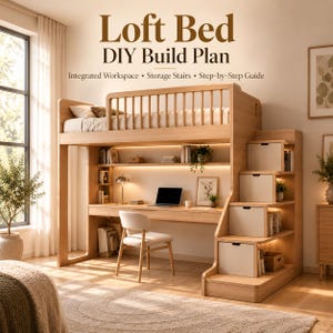 Puede incluir: Un plano de construcción DIY para una cama alta de madera clara con espacio de trabajo integrado, escritorio, estantes y escalera de almacenamiento con cajones blancos. El texto dice: Loft Bed DIY Build Plan, Integrated Workspace, Storage Stairs, Step-by-Step Guide.