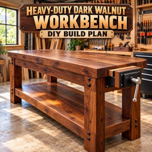 May include: A heavy-duty dark walnut workbench featuring a lower storage shelf and a black metal front vise with a silver handle. The text HEAVY-DUTY DARK WALNUT WORKBENCH DIY BUILD PLAN is displayed in a wooden sign above the workbench.