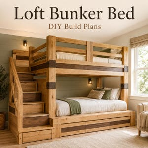 Peut inclure: Un lit superposé en bois avec un escalier sur le côté gauche, doté d'accents métalliques sombres aux coins, de tiroirs de rangement intégrés sous le lit inférieur et d'une literie blanche. Le texte "Loft Bunker Bed DIY Build Plans" est affiché.