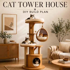 Puede incluir: Un plan de construcción DIY para una torre de madera para gatos de varios niveles, con una plataforma circular superior, una cesta colgante tejida, una plataforma inferior y una cueva cerrada en la base, con cojines color crema y postes de sisal.