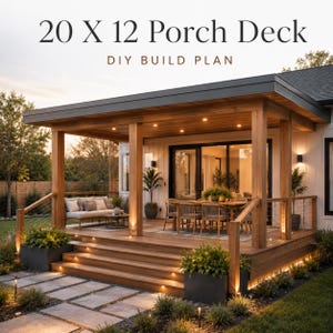 May include: A 20 X 12 Porch Deck DIY Build Plan document featuring a wooden deck with a roof, stairs, and integrated lighting. The deck includes a dining set and a sofa, with large sliding glass doors leading into a house with white siding.