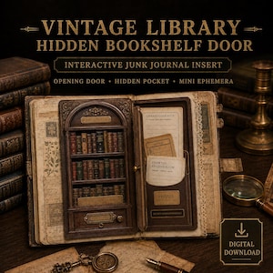 Interactieve printbare boekenplankdeur voor een junk journal, vintage bibliotheek verborgen vakje, Dark Academia ephemera kit voor scrapbooking met een boekenthema
