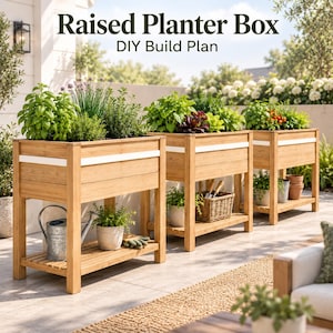 May include: Three wooden raised planter boxes with white horizontal trim, each featuring a lower shelf. The text "Raised Planter Box DIY Build Plan" is displayed above. The planters contain various green herbs and plants, with a metal watering can.
