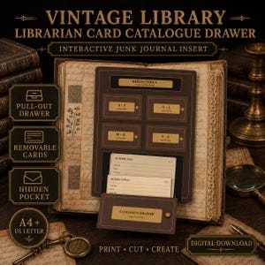 Interactieve Junk Journal Kaartcatalogus Lade Printbaar, Vintage Bibliotheek Inlegvel, Dark Academia Ephemera Kit voor Scrapbooking DIY Kit