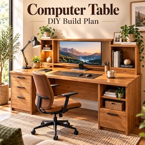 May include: A wooden computer table DIY build plan featuring a desk with a hutch, three drawers on the left, one drawer on the right, and open shelving. A brown office chair sits in front of the desk, which holds a monitor, keyboard, and lamp.