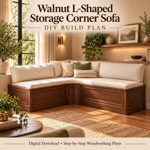 May include: A digital download DIY build plan for a walnut L-shaped storage corner sofa. The image displays a wooden sofa with a dark brown finish, light beige cushions, and decorative pillows, featuring the text Walnut L-Shaped Storage Corner Sofa.