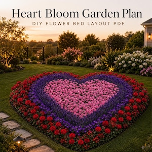 May include: A digital document titled Heart Bloom Garden Plan DIY Flower Bed Layout PDF featuring a heart-shaped garden bed with concentric layers of pink, purple, and red flowers set within a green lawn at sunset with stone path accents.