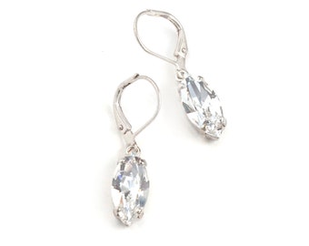 Swarovski Crystal Faceted Navette Dangle Earrings in Clear Crystal and Silver