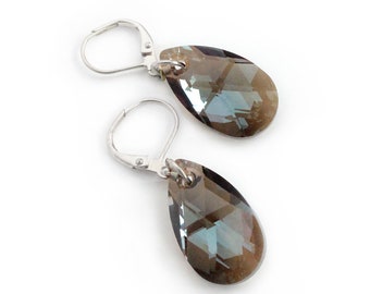 Swarovski Crystal Faceted Teardrop Dangle Earrings in Bronze Shade and Silver