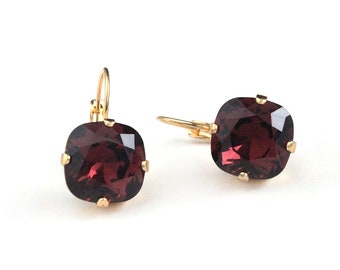 Swarovski Crystal Cushion Cut Drop Dangle Earrings in Burgundy 12mm