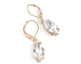 Swarovski Crystal Faceted Navette Dangle Earrings in Clear Crystal and Gold