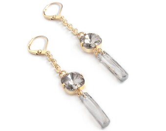 Swarovski Crystal Cushion Cut Square and Faceted Bar Contemporary Dangle Earrings