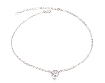 Teardrop Swarovski Crystal and Silver Choker Necklace with Adjustable Chain