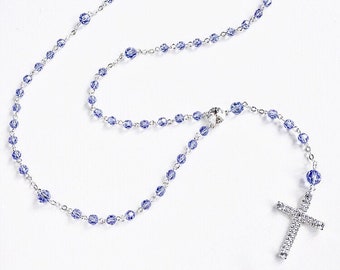 Handmade Swarovski Crystal Beaded Rosary Necklace in Silver and Light Sapphire