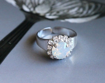 Swarovski Crystal Halo Round Stone Ring with Adjustable Band in White Opal