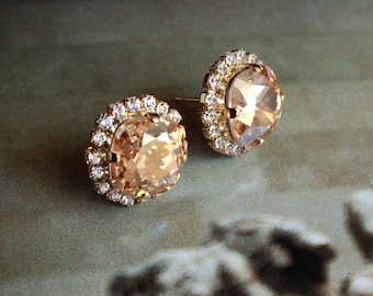 Cushion Cut Swarovksi Crystal Halo Stud Earrings in Golden Shadow 12mm Stone