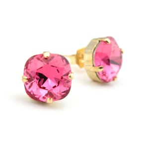 Swarovski Crystal Cushion Cut Stud Earrings in Indian Pink 10mm