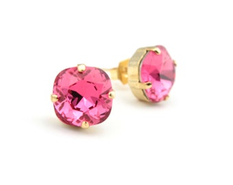 Swarovski Crystal Cushion Cut Stud Earrings in Indian Pink 10mm