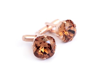 Swarovski Crystal Cushion Cut Cuff Links in Light Smoky Topaz and Rose Gold Finish