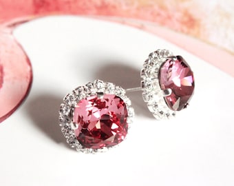 Cushion Cut Swarovksi Crystal Halo Stud Earrings in Antique Pink 12mm Stone