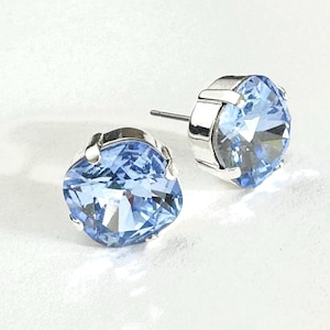 Swarovski Crystal Cushion Cut Stud Earrings in Light Sapphire Blue Color 12mm