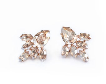 Swarovski Crystal Faceted Navette and Teardrop Stud Earrings in Golden Shadow and Gold
