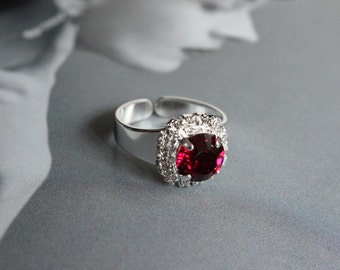 Swarovski Crystal Halo Round Stone Ring with Adjustable Band in Ruby