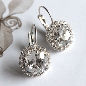 Bridal Swarovski Crystal Cushion Cut Drop Dangle Earrings in Silver Shade 10mm