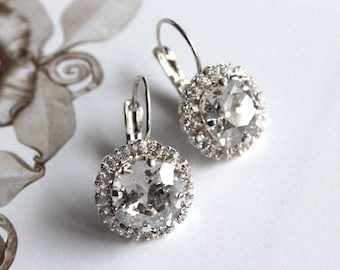 Bridal Swarovski Crystal Cushion Cut Drop Dangle Earrings in Silver Shade 10mm