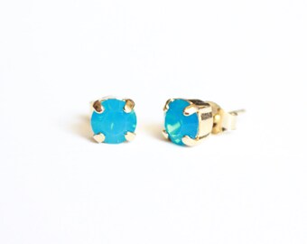 Small Swarovksi Crystal Stud Earrings in Caribbean Blue Opal-- Choose Gold or SIlver Finish