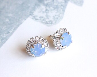 Swarovski Crystal Halo Stud Earrings in Blue Opal and Clear Crystal