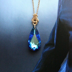 Swarovksi Crystal Teardrop Necklace with Filigree Detail in Bermuda Blue and Gold