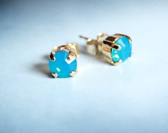 Small Swarovksi Crystal Stud Earrings in Caribbean Blue Opal-- Choose Gold or SIlver Finish