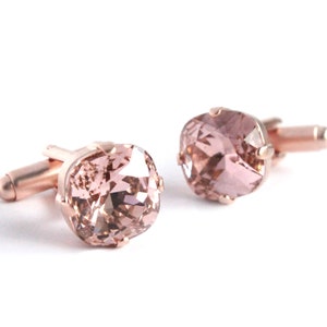 Swarovski Crystal Cushion Cut Cuff Links in Vintage Rose and Rose Gold Finish