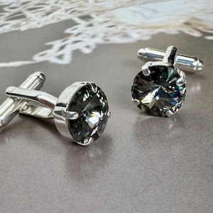 Swarovski Rivoli Round Cut Crystal Cuff Links in Black Diamond and Silver Finish