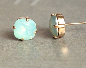 Swarovski Crystal Cushion Cut Stud Earrings in Chrysolite Opal 10mm